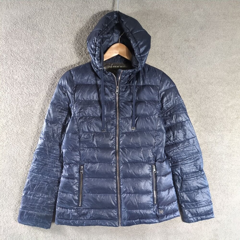 Andrew Marc Women’s Small Blue Hooded Down Puffer Jacket Packable Lightweight‎